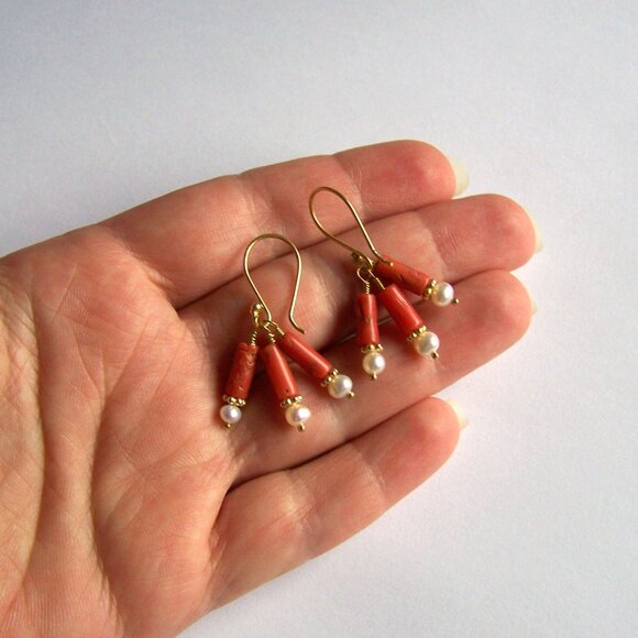 Genuine ITALIAN CORAL & PEARL Earrings 22k Gold Vermeil Colorful Cluster - Picture 3 of 8